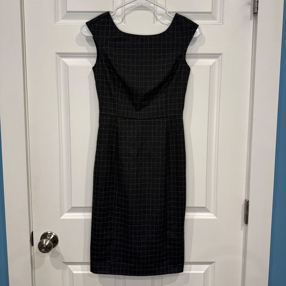Banana Republic Size‎ Petite 00P Windowpane Plaid Sheath Dress Grey Cap Sleeve